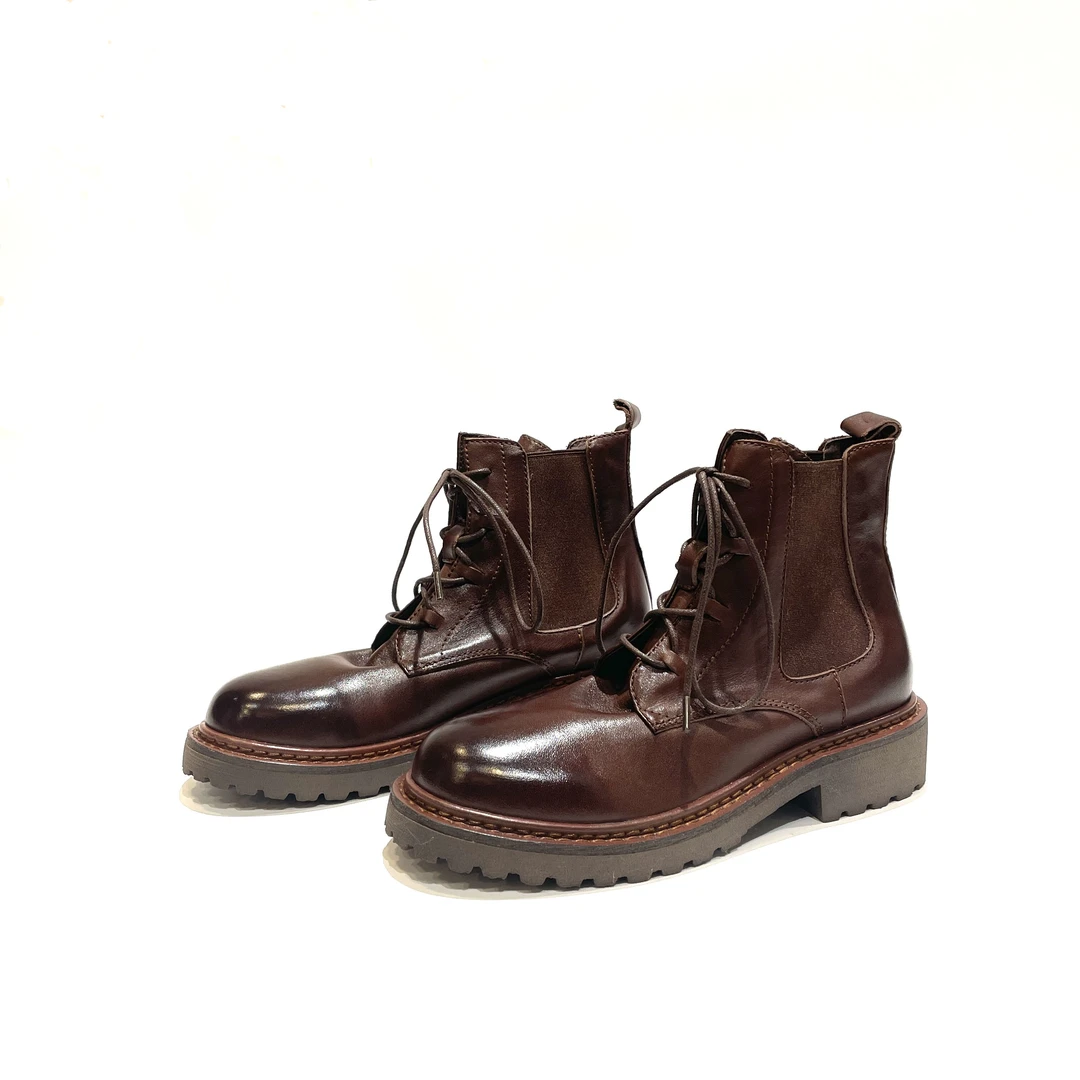 2024秋冬复古意大利手工牛皮马丁靴粗跟百搭英伦风女靴594-6