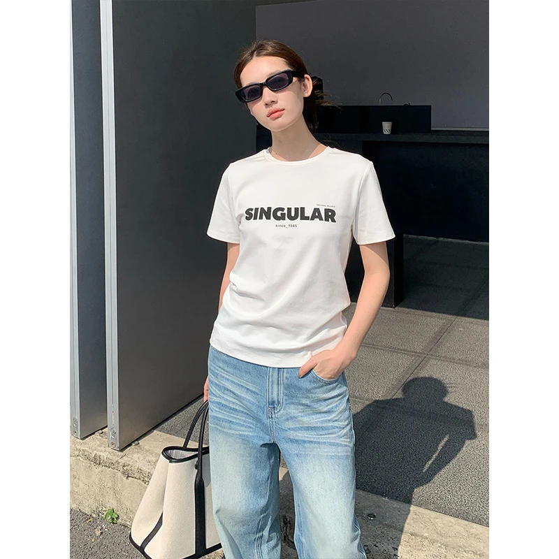 字母印花短袖T恤女2025夏新品韩版简约圆领百搭上衣T078
