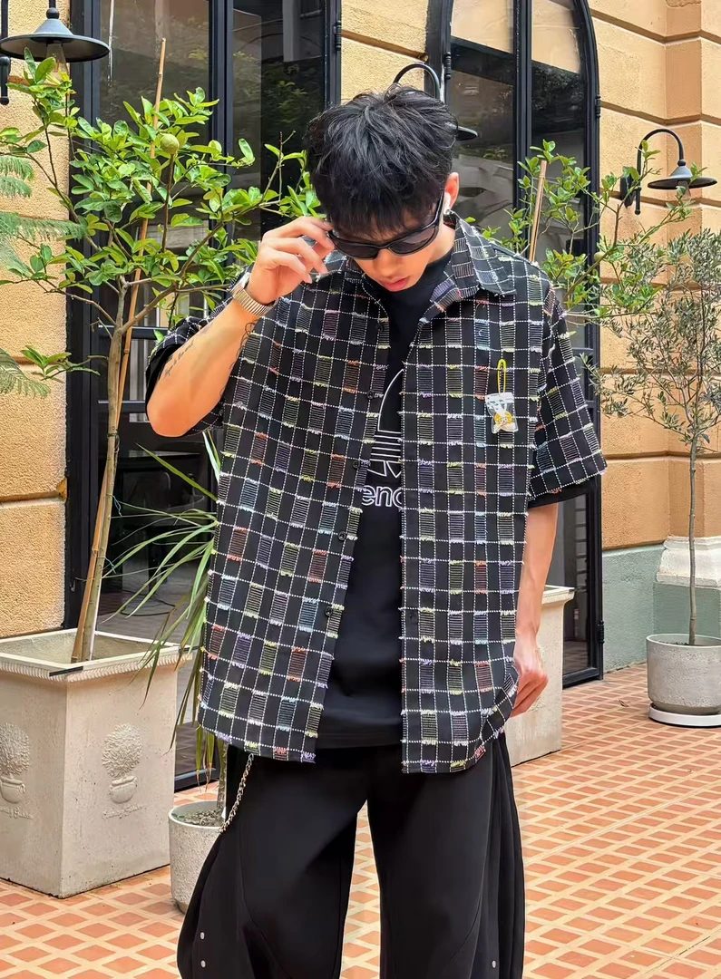 日系复古彩色格子短袖衬衫男女夏季宽松百搭衬衣