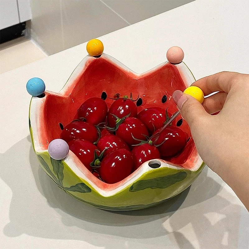 西瓜水果盘陶瓷水果签客厅茶几可爱水果碗盘多巴胺不锈钢水果叉子