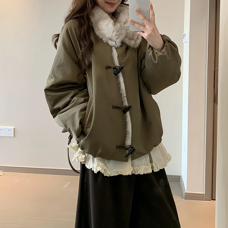 韩系温柔毛领立领棉服女款2026冬季保暖蓬松舒适短款收腰日常穿搭