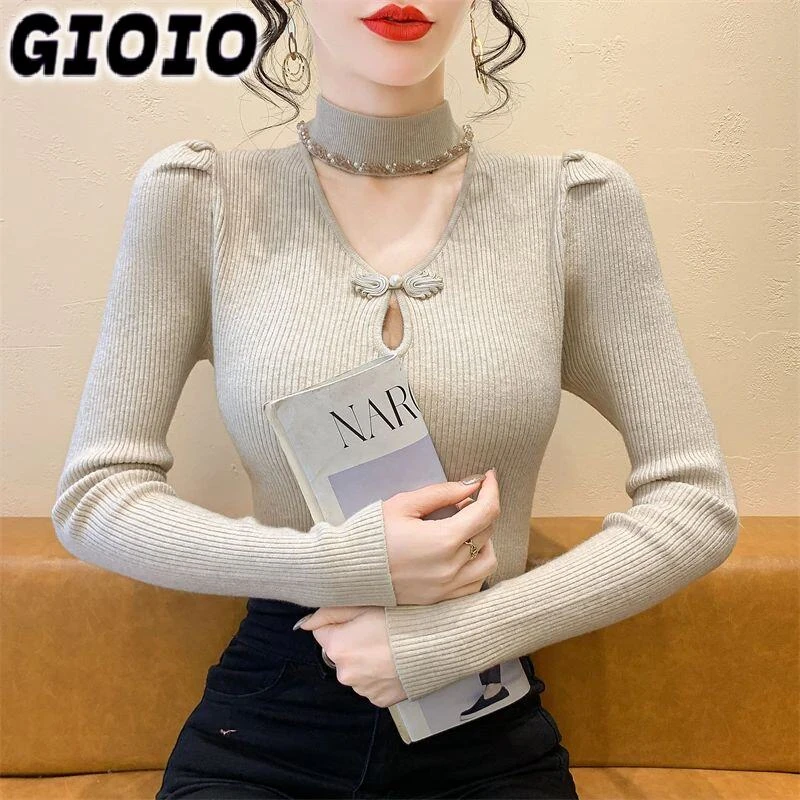 GIOIO实拍2025秋冬新款百搭挂脖重工毛衣洋气打底衫领针织衫潮