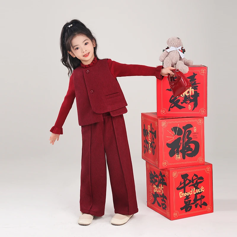 80859女童马甲阔腿裤两件套2025冬季新款小女孩休闲洋气儿童套装