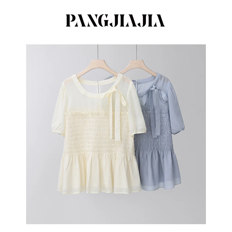 【胖佳佳】花束舞曲 短袖天丝雪纺衫蝴蝶结系带圆领小衫H624E06180