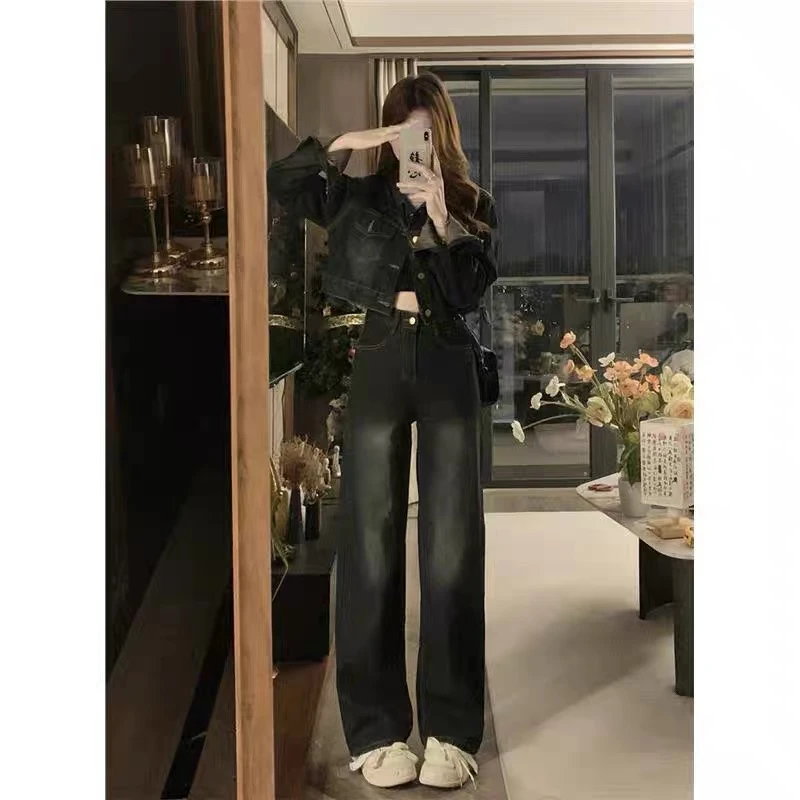 新款女装美式复古短款外套春季穿搭微胖显瘦牛仔阔腿裤套装女