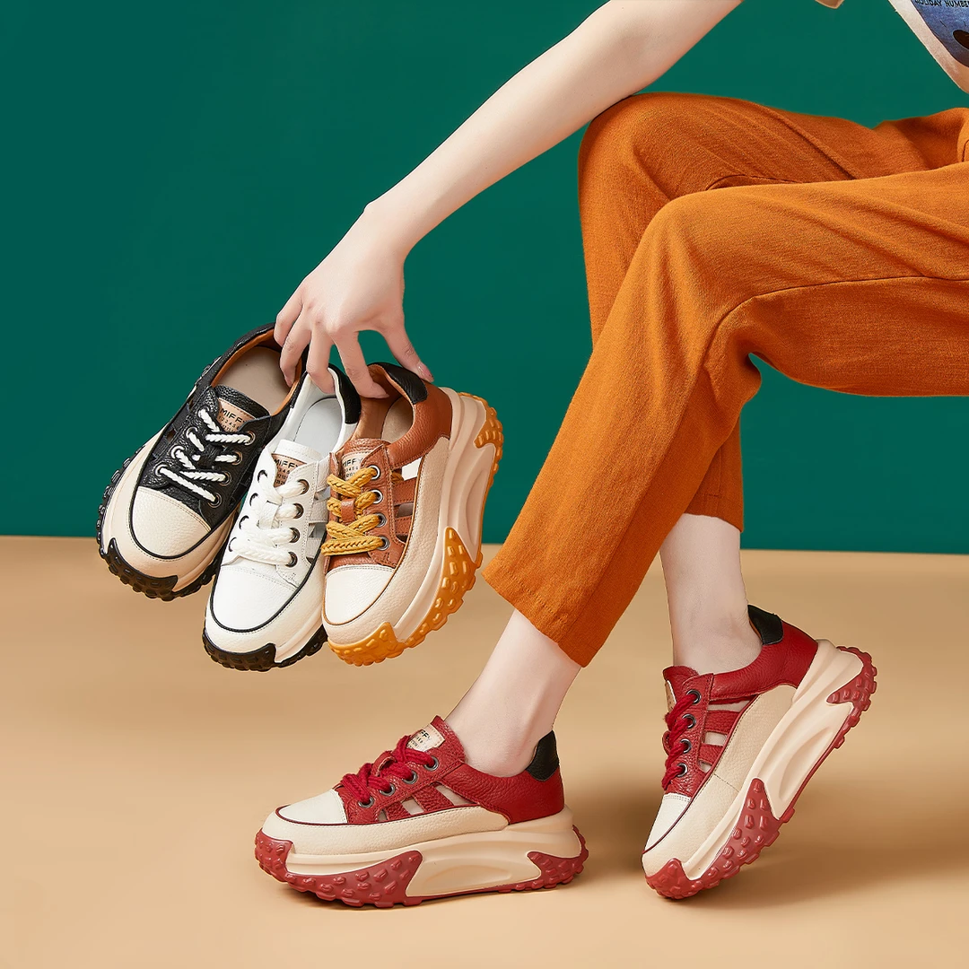 BK011头层牛皮夏季新款女鞋透气镂空休闲厚底老爹鞋