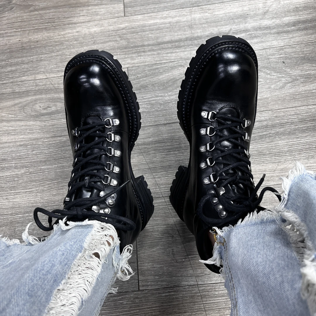 欧美高端做旧复古水洗马皮固特异厚底增高马丁靴商务休闲男皮靴