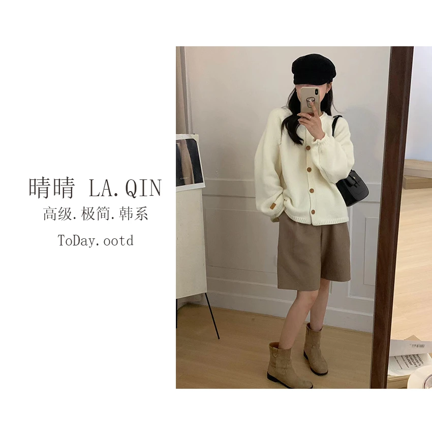 晴晴家-【奶油糖霜】慵懒感纯色灯笼花苞袖针织休闲开衫外套3100