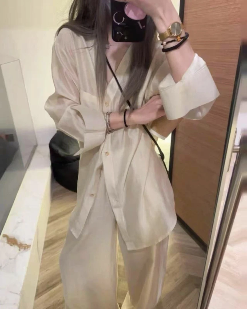 休闲衬衫阔腿裤两件套夏季慵懒老钱风衬衫套装女