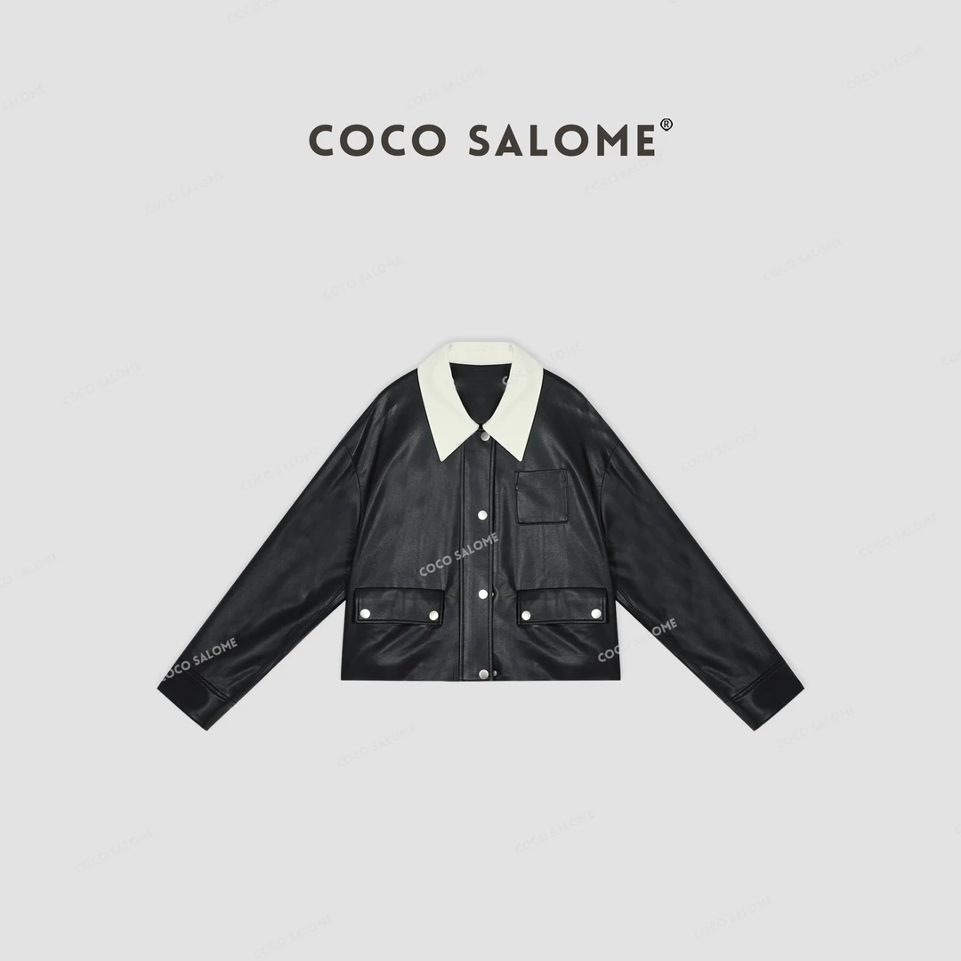 COCO SALOME⑩【翻领皮衣】潮流撞色机车风百搭卡腰短款皮衣0915