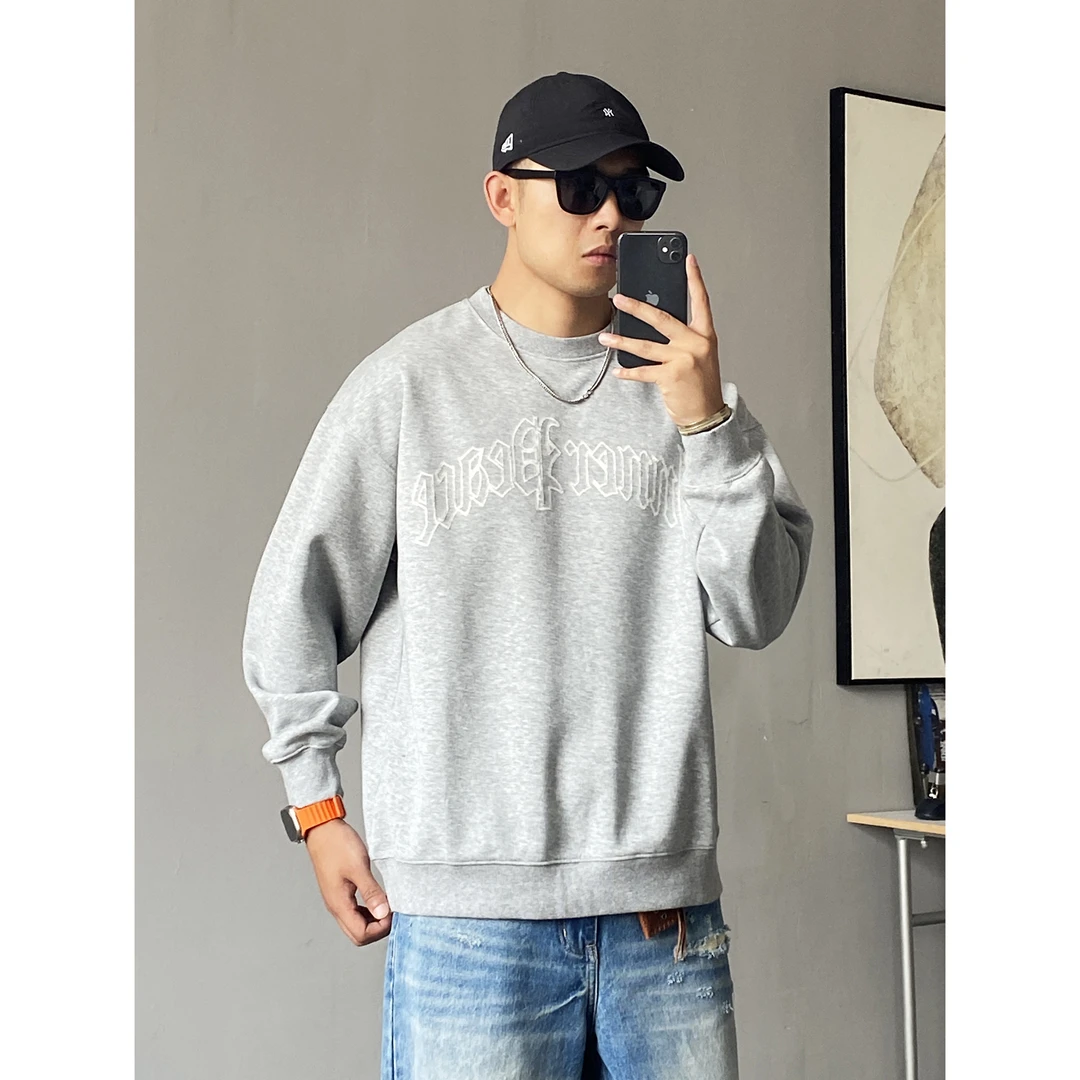 秋季美式休闲痞帅高级感字母圆领套头卫衣男宽松通勤百搭大码上衣