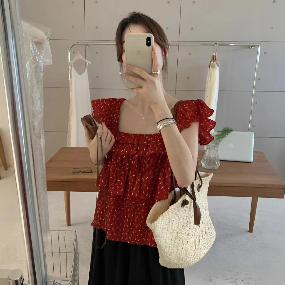 夏季波点碎花飞飞袖复古方领衬衫气质韩版法式泡泡袖小众气质上衣