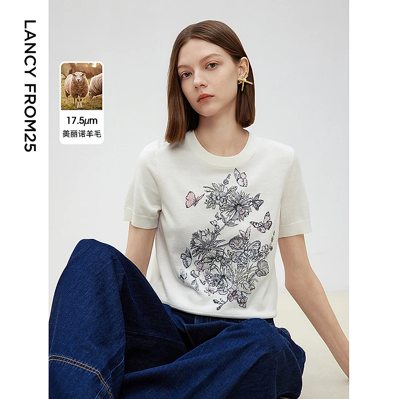 朗姿刺绣短袖高级感打底上衣2025年春季新款内搭毛针织衫欧若风