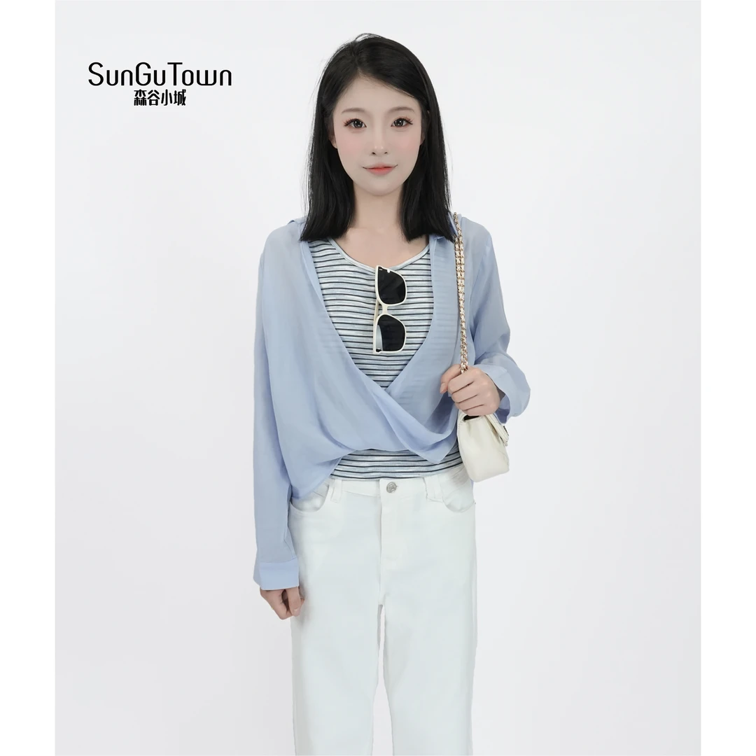 森谷小城秋季短款百搭长袖下摆纽结衬衫两件套5BOQ-T00429