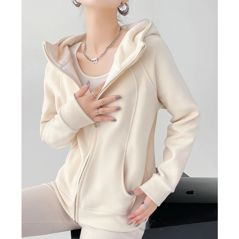 连帽卫衣女2025秋季新款米杏色美式修身拉链小个子外套长袖上衣