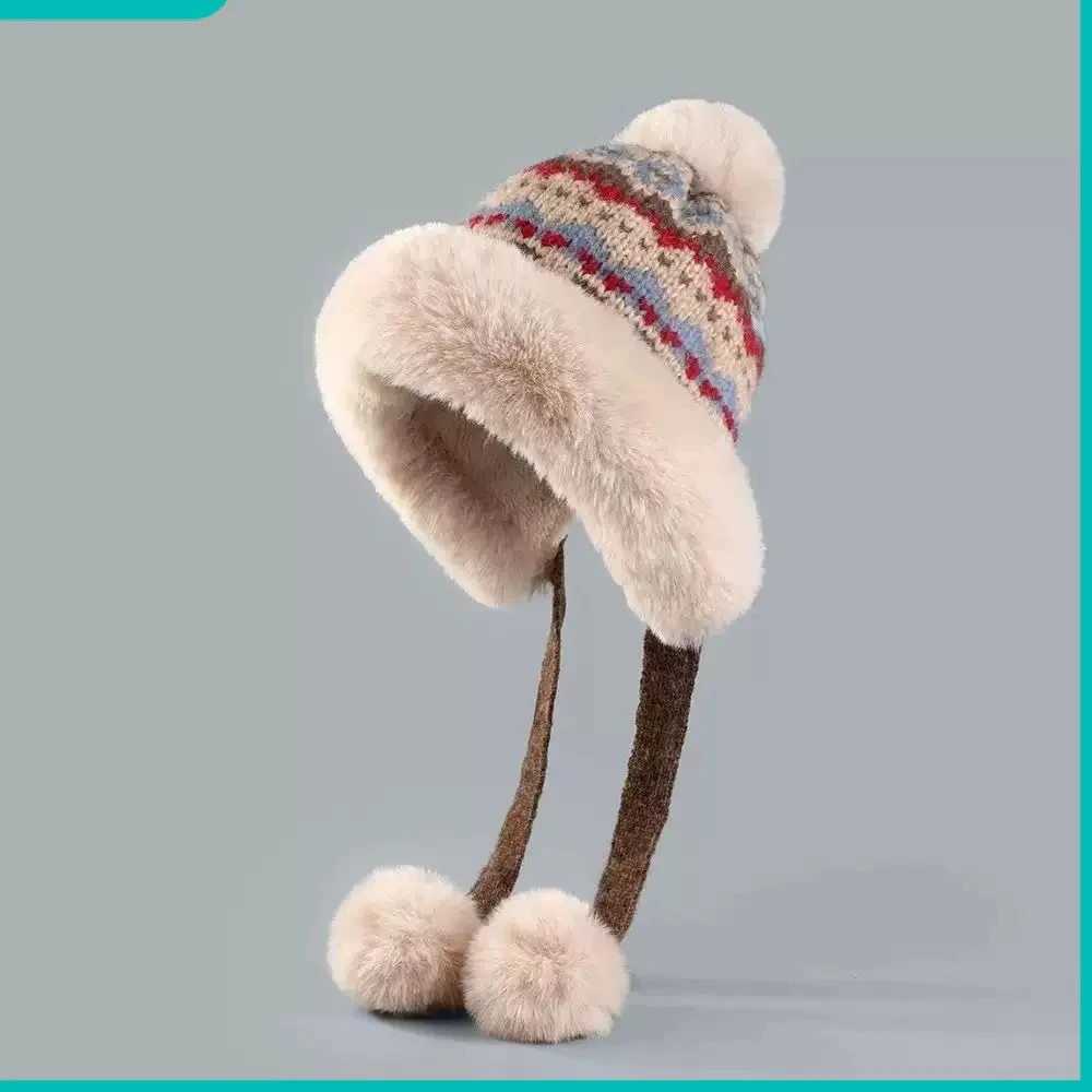 保暖毛线帽帽子民族骑行针织加厚冬季护耳加60情复粉色防寒针织帽