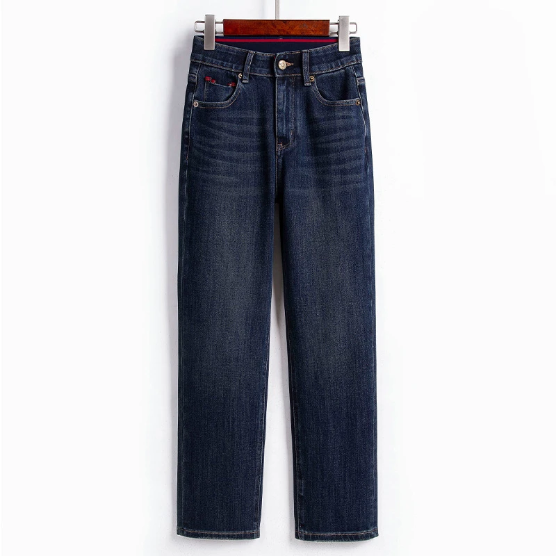 自媒体秋季新款高腰宽松直筒牛仔裤女复古显瘦弹力九分法棍裤 714