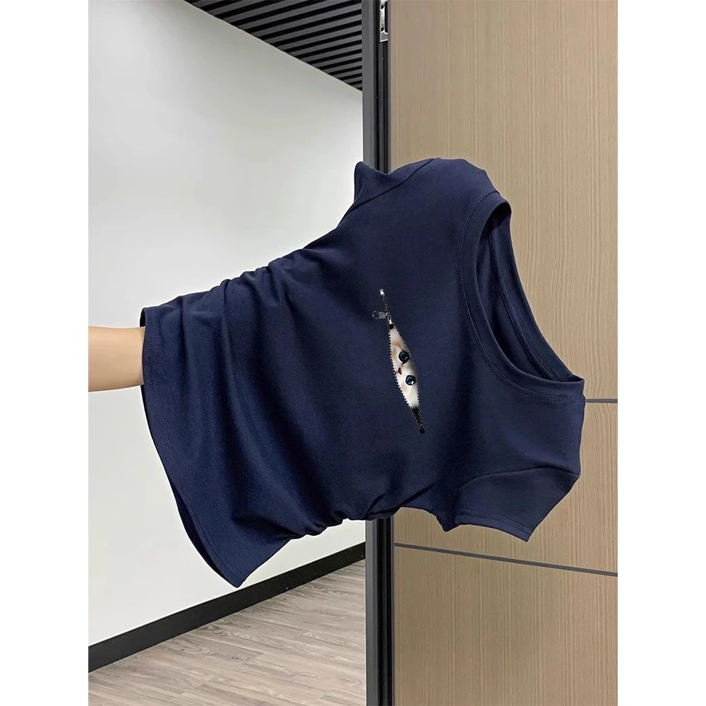 美式辣妹正肩掐腰褶皱新猫咪印花短袖T恤女夏季炸街上衣