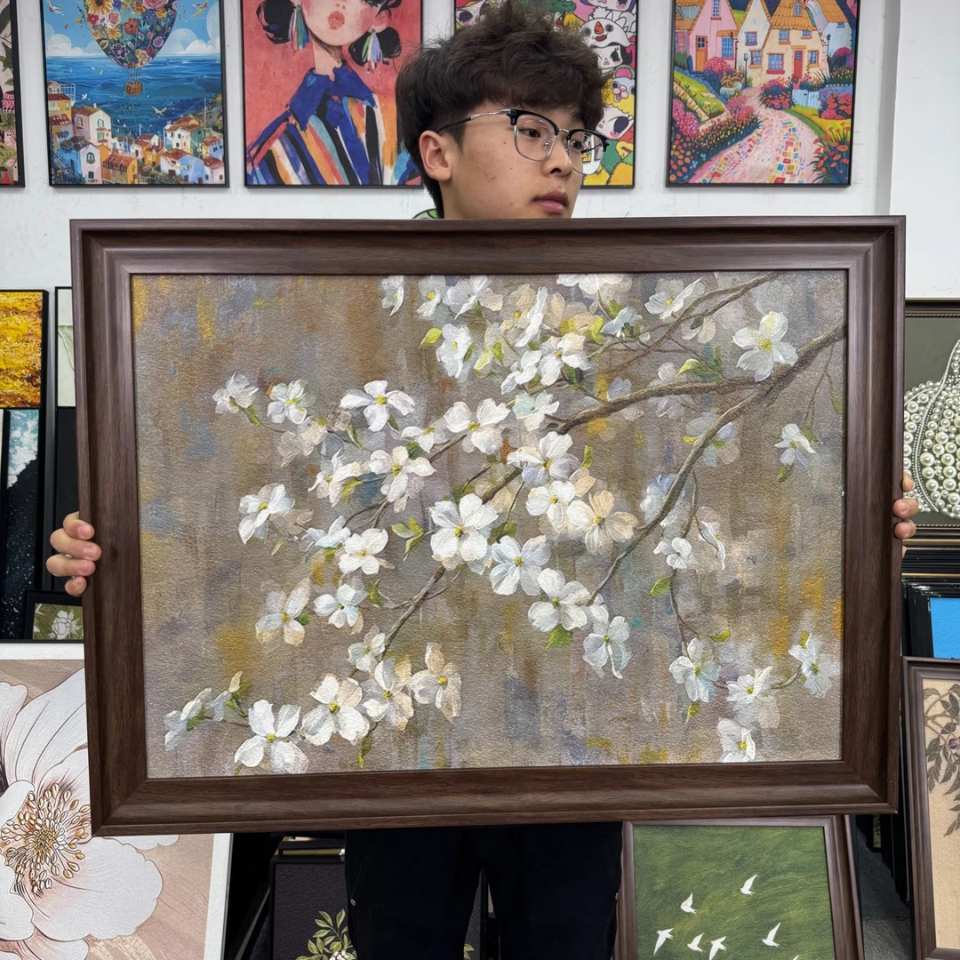 中式苹果花砂岩花卉装饰画适用于美式客厅餐厅玄关背景6080