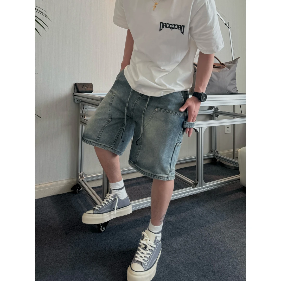 【ZQ】夏季美式重磅水洗做旧工装伐木男士直筒宽松牛仔短裤