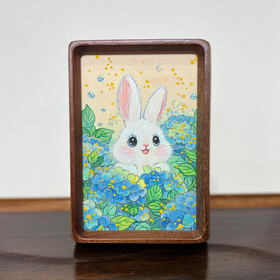 【绣球小兔】6纯手绘国风摆件新客厅春季装饰画手绘艺术摆台