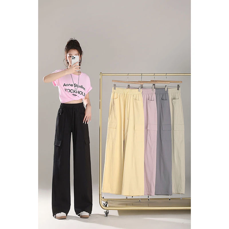 2025新款云感冰丝工装裤女夏季薄款美式高腰直筒阔腿休闲裤子束脚