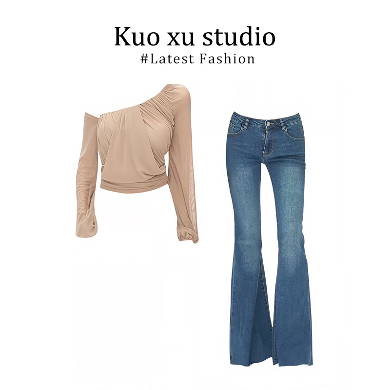 秋夏不规则斜肩长袖雪纺衫露肩独特漂亮上衣毛边喇叭裤高腰牛仔裤