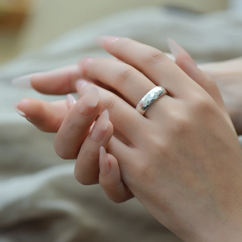 足银戒指 足银999情侣素圈手工小众锤纹戒指男女开口可调纯银指
