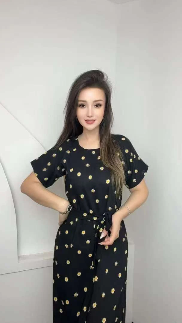 中长裙宽松连衣裙时尚显瘦波点中腰碎花A字裙夏季