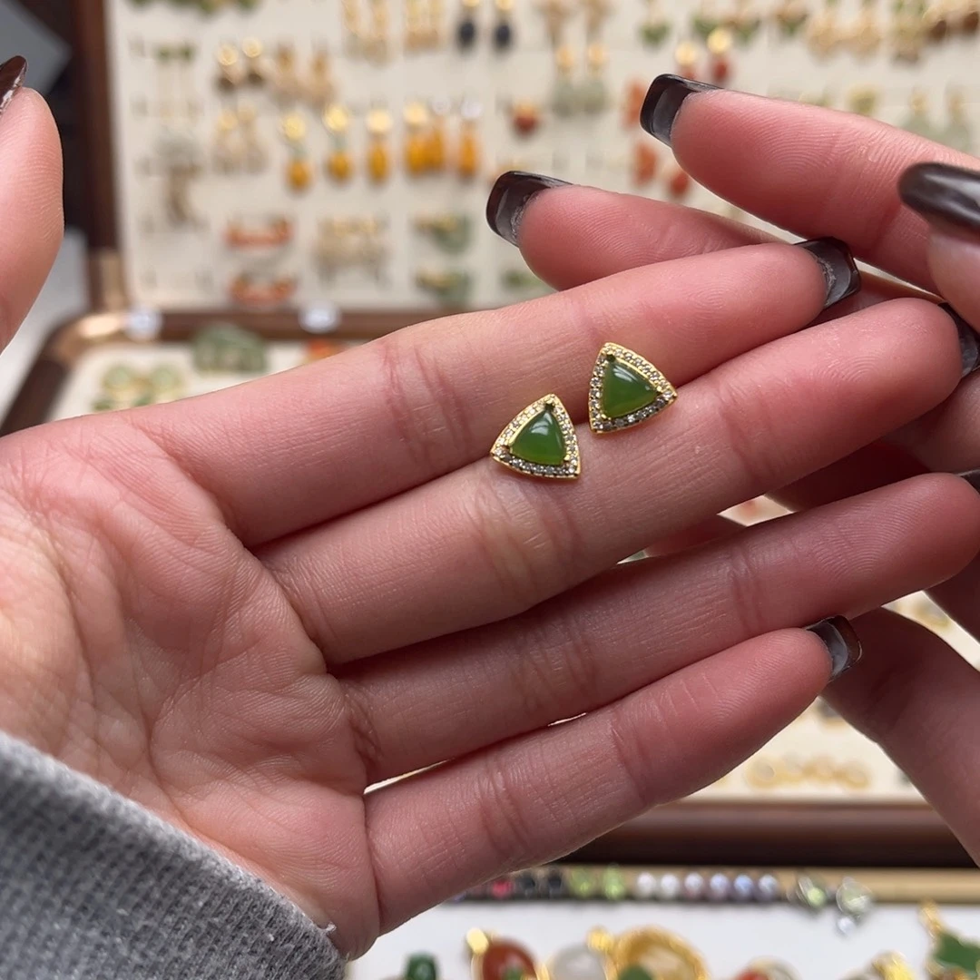 和田玉银S925镀金镶嵌耳饰