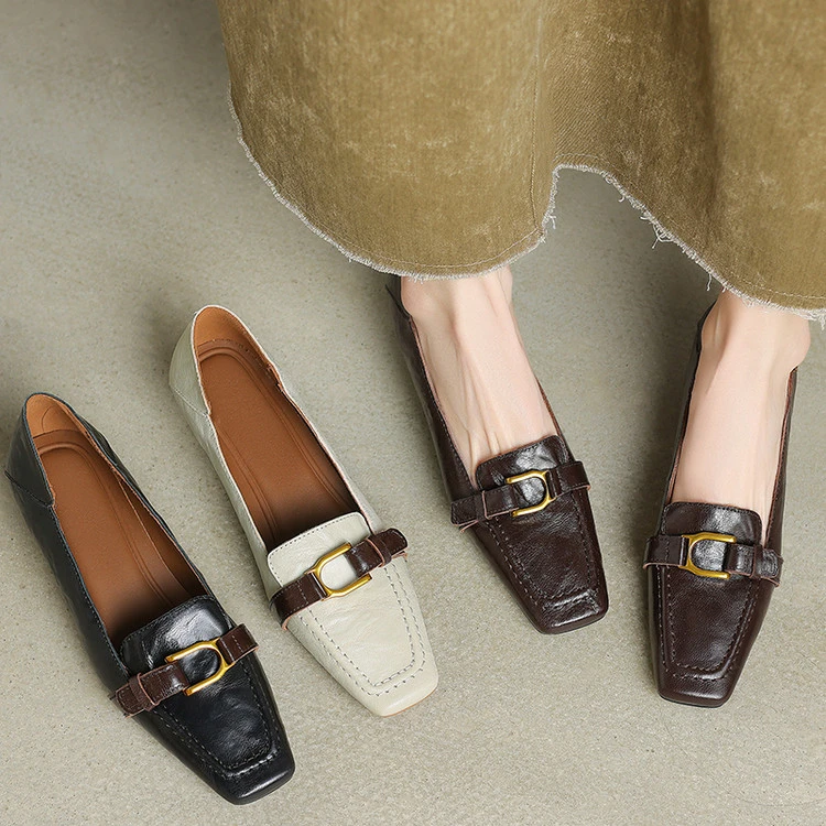 小众设计法式复古方头中粗跟浅口一脚蹬单鞋通勤气质手工真皮女鞋