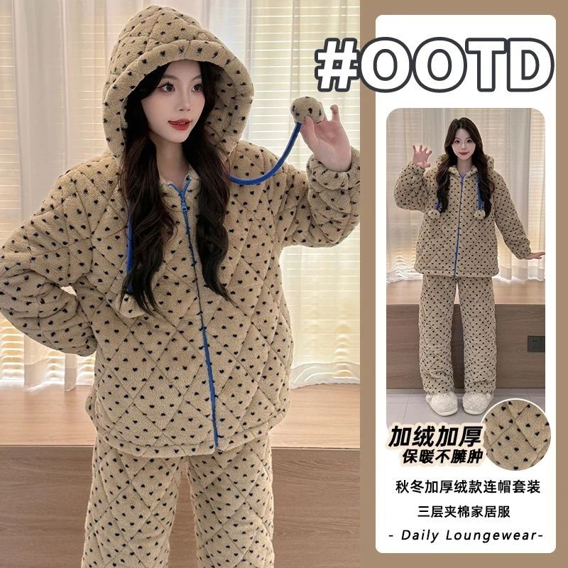 珊瑚绒三层夹棉长毛绒2025年秋冬季加厚睡衣女士加绒家居服外穿