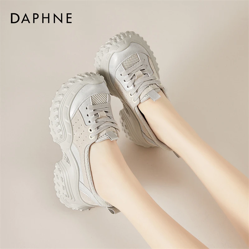 达芙妮浅口网面系带老爹鞋女2025新款透气学院风通勤一脚蹬运动鞋