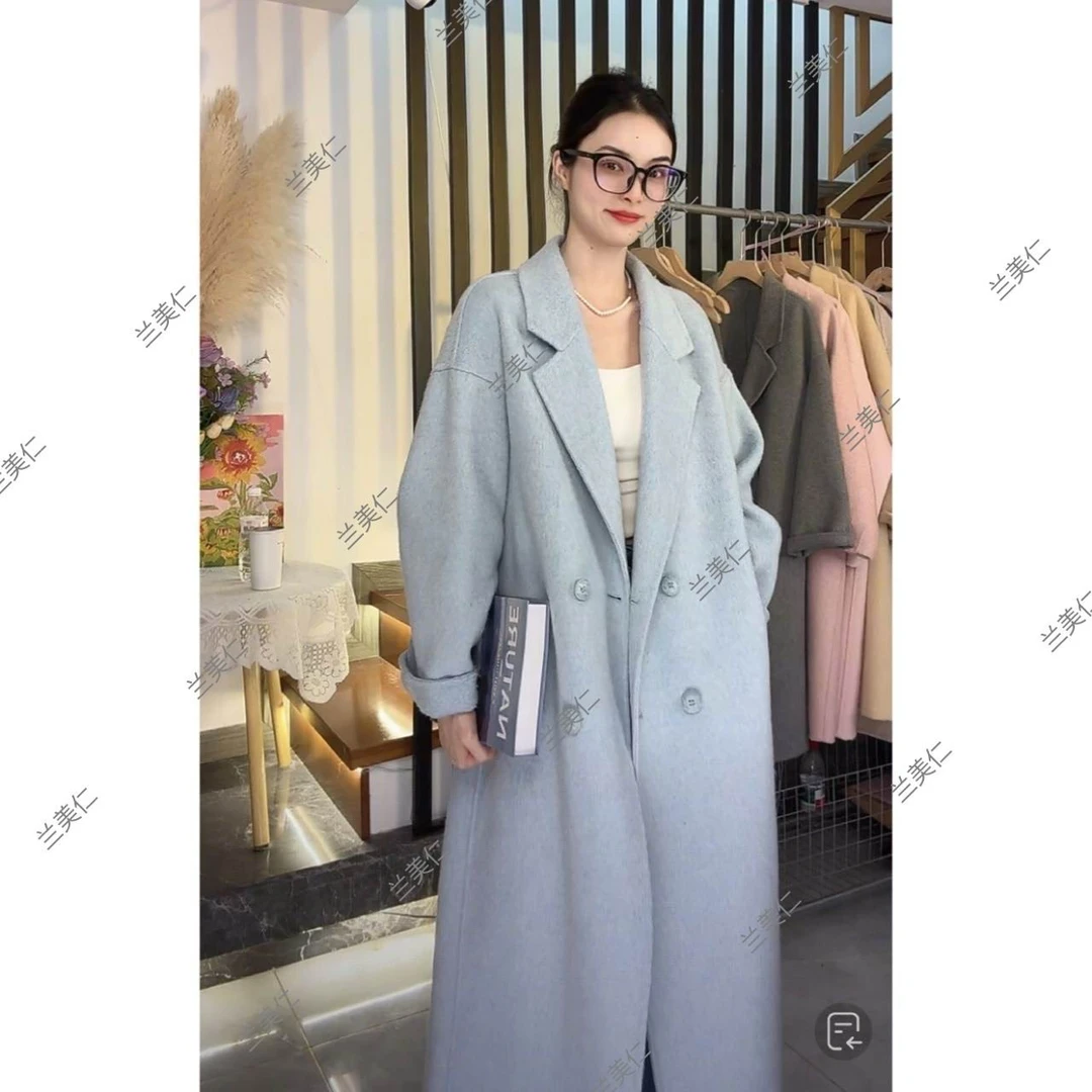(兰美仁定制）韩版宽松经典显瘦四粒扣气质经典双面羊毛长款大衣