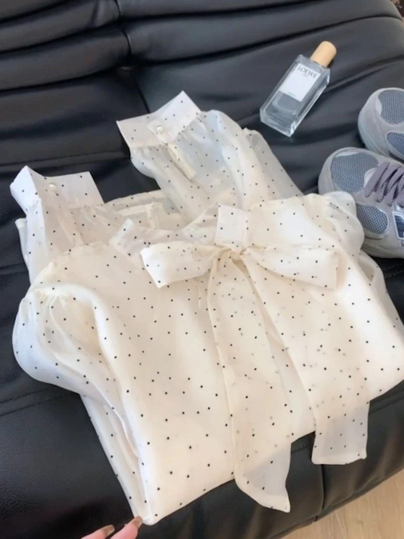 法式蝴蝶结长袖衬衫内搭女设计感小众波点上衣轻奢高级感气质小衫