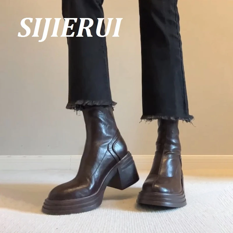 SIJIERUI复古真皮厚底增高马丁靴女2025年冬季简约百搭粗跟短靴女
