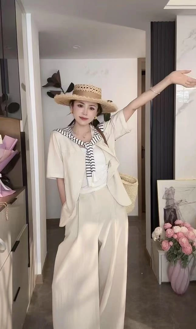 V领亚麻西装+阔腿裤两件套女简约高级感短袖套装