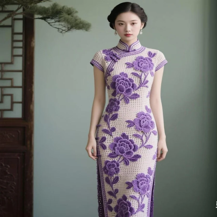 手工钩编牡丹旗袍教程