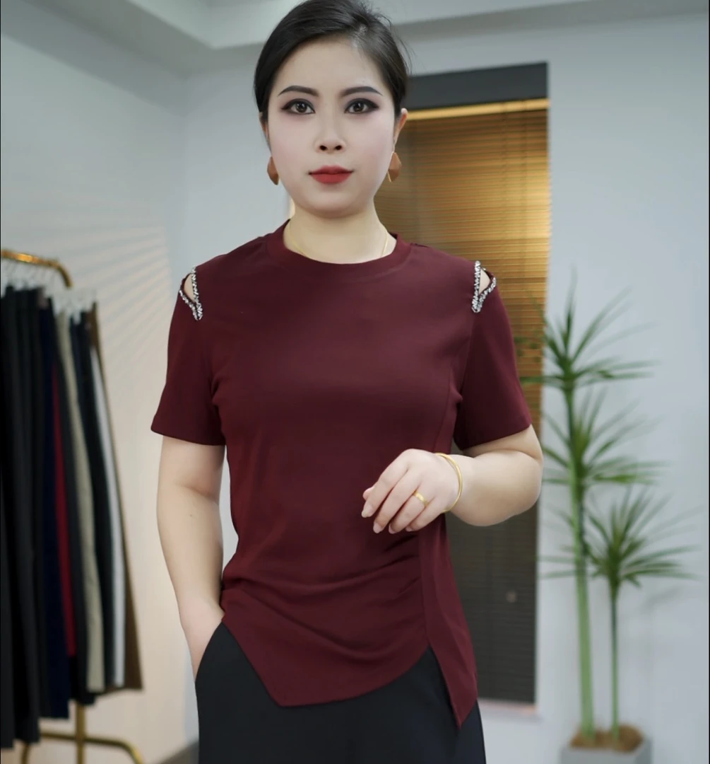 夏季新款透气时尚气质百搭通勤宽松修身圆领短袖钉珠纯色休闲T恤
