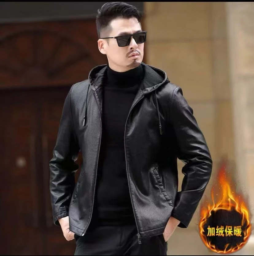 男士休闲时尚连帽皮衣