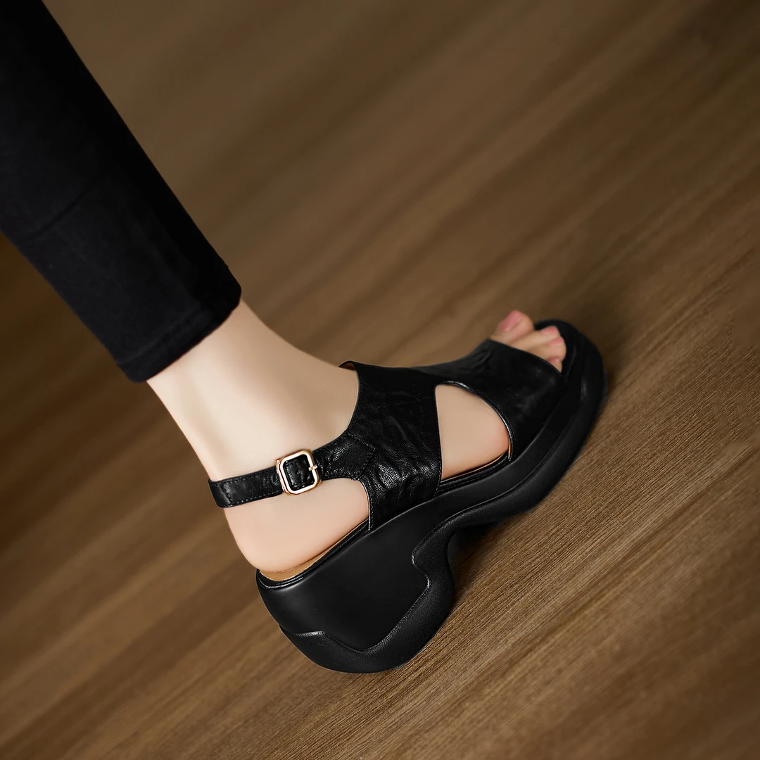 8cm~羊皮坡跟厚底凉鞋女夏季露趾真皮软底罗马鞋新款休闲百搭女鞋