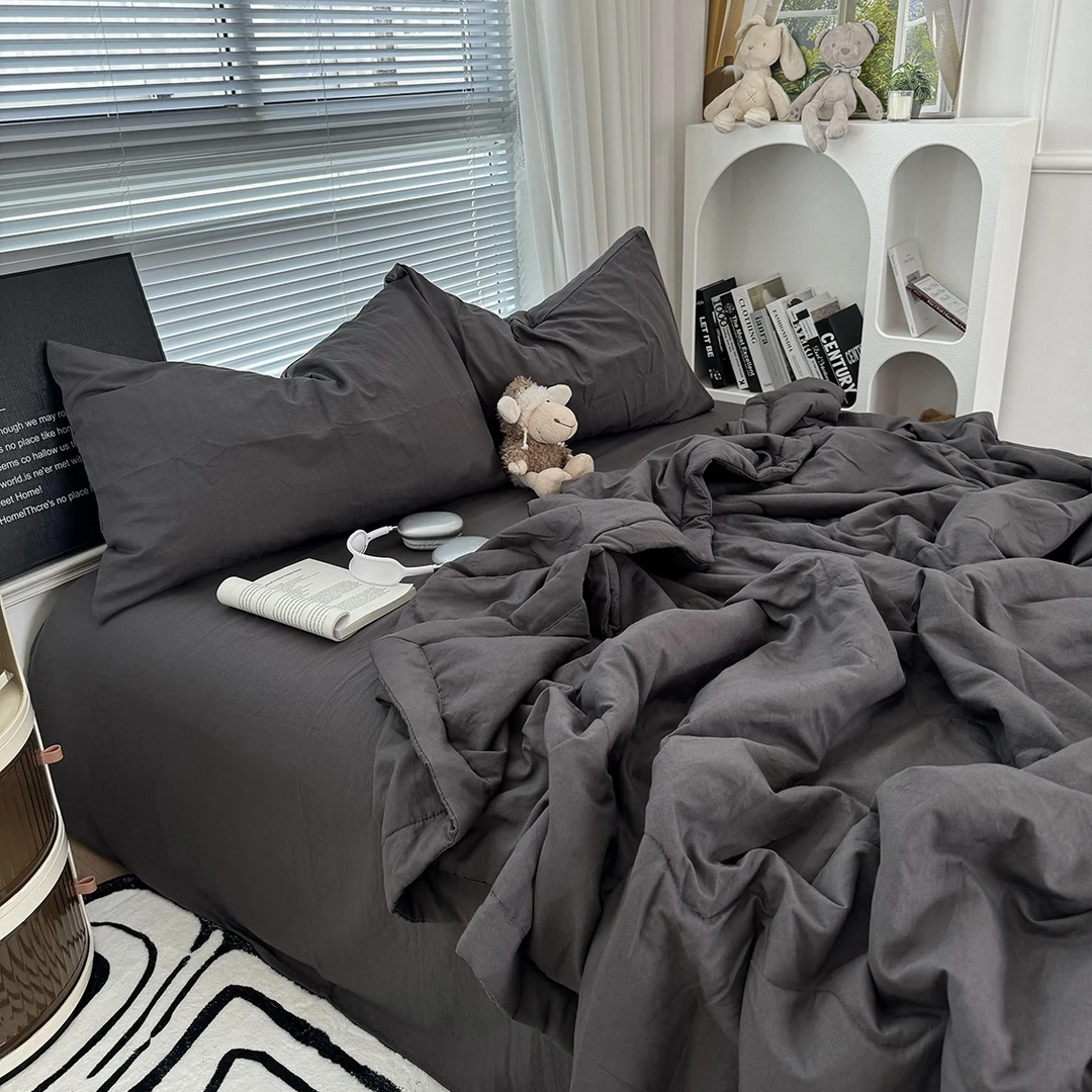 夏季ins风简约灰水洗夏凉被四件套单人公寓空调被夏被床单三件套4