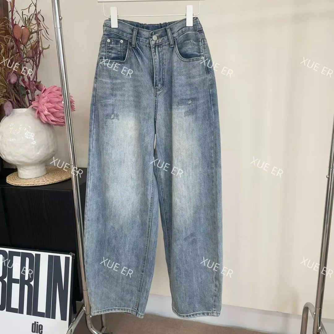 雪儿 X70062慵懒感磨破设计牛仔弯刀裤阔腿长裤