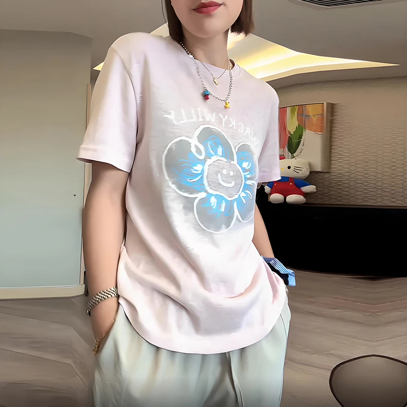 2025年夏季新款韩系设计感时尚洋气休闲百搭显瘦印花短袖T恤上衣