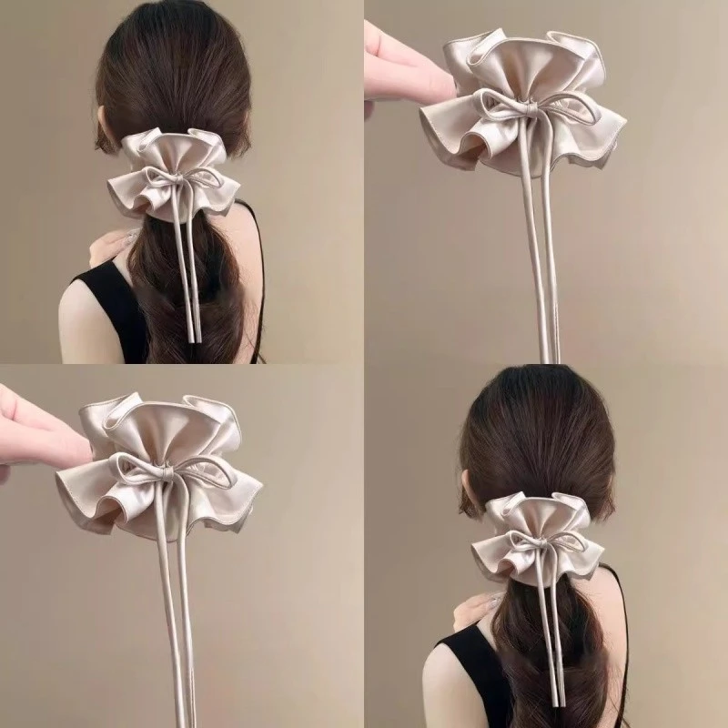 雾色樱粉~温柔双层褶皱蝴蝶结飘带大肠发圈女2025新旅行发卡头绳