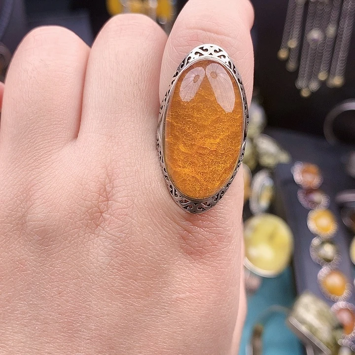 琥珀裸石银S925镶嵌生***你戒指