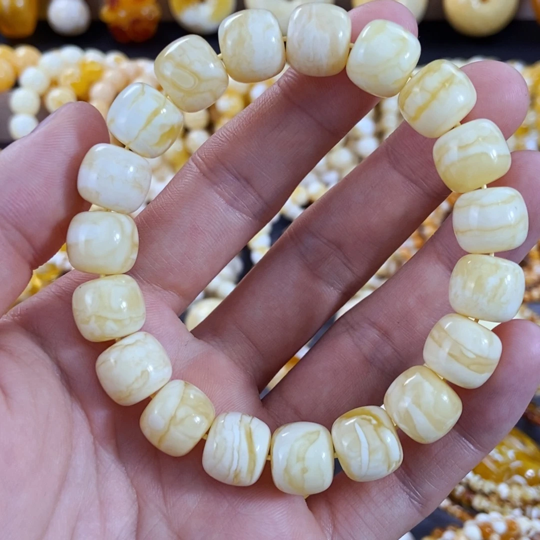 琥珀手链未镶嵌12.5mm瓷白虎皮纹