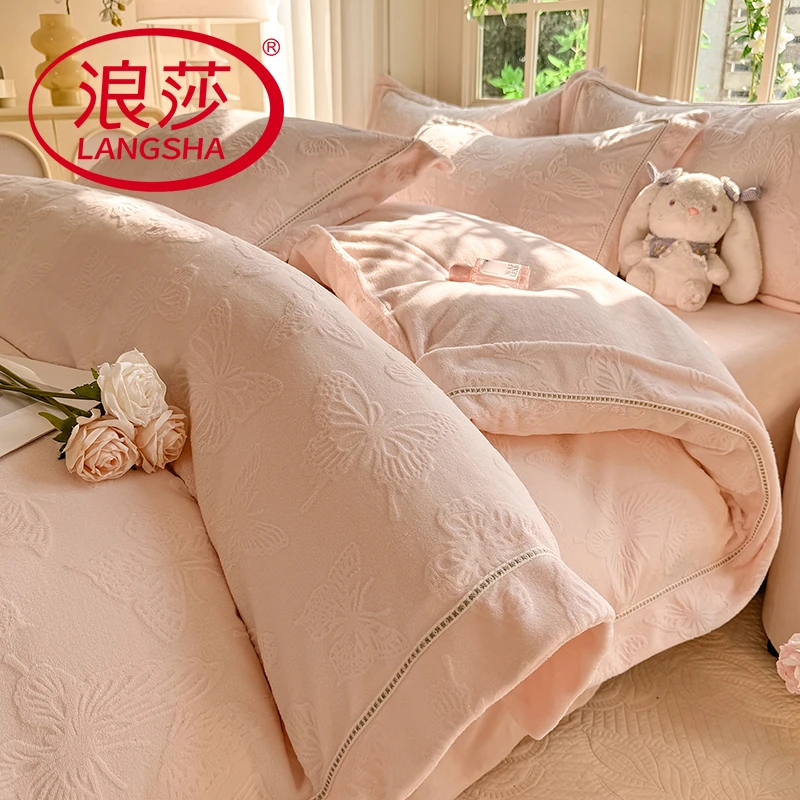 【浪莎品牌】冬季雕花牛奶绒四件套加厚床单被套双面珊瑚绒床上用品