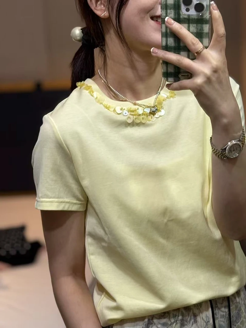 YJ服饰139款钉珠款宽松修身型纯色圆领打底衫女士短袖钉珠