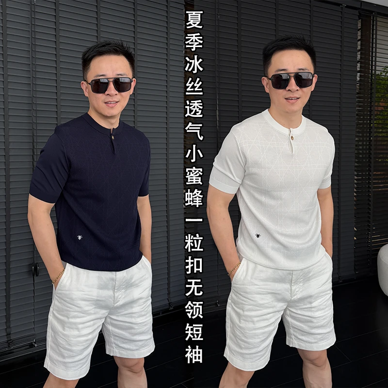 徐先生出品夏季冰丝透气小蜜蜂一粒扣亨利领短袖80028 【杜恩】